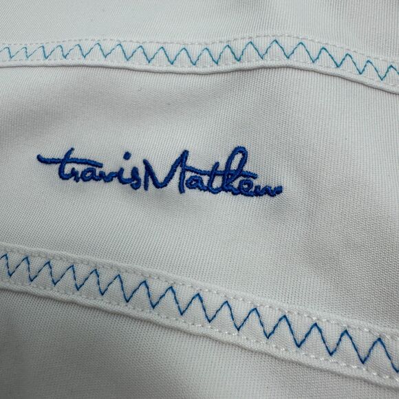 TravisMathew Men’s XL Golf Polo Shirt White Blue Logo & Stitching Cotton Blend - Picture 2 of 7